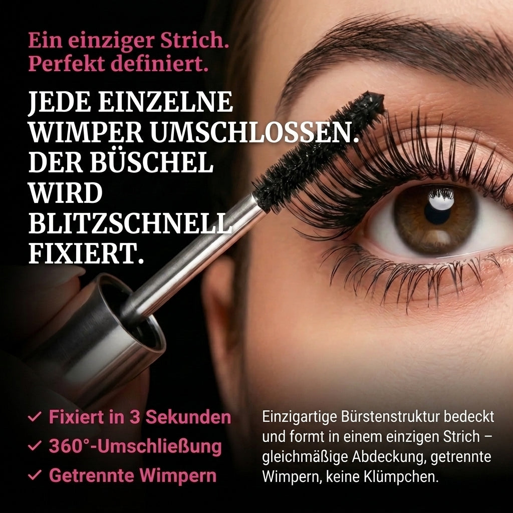 Close-up of a brown eye with long, separated black lashes as a mascara wand brushes them, with feature text overlay. 5