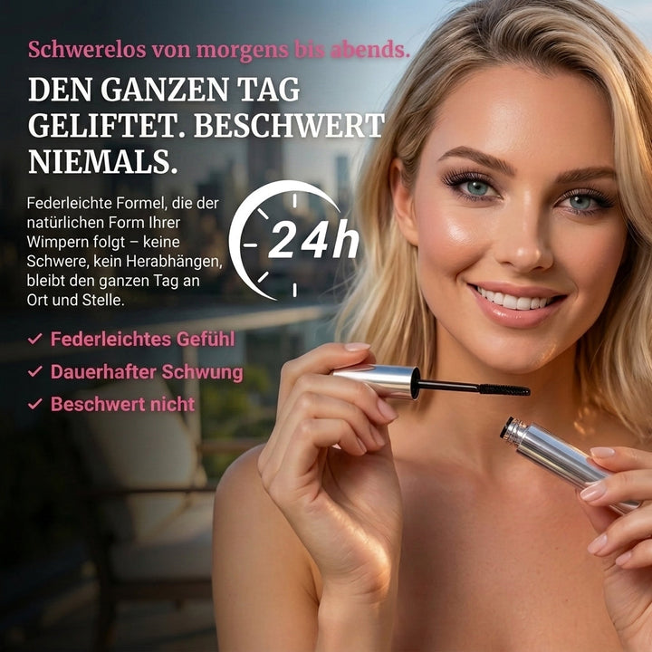 Smiling blonde woman holds a mascara wand and silver tube beside her face, with defined lashes, in a lifestyle ad graphic with benefit callouts. 6