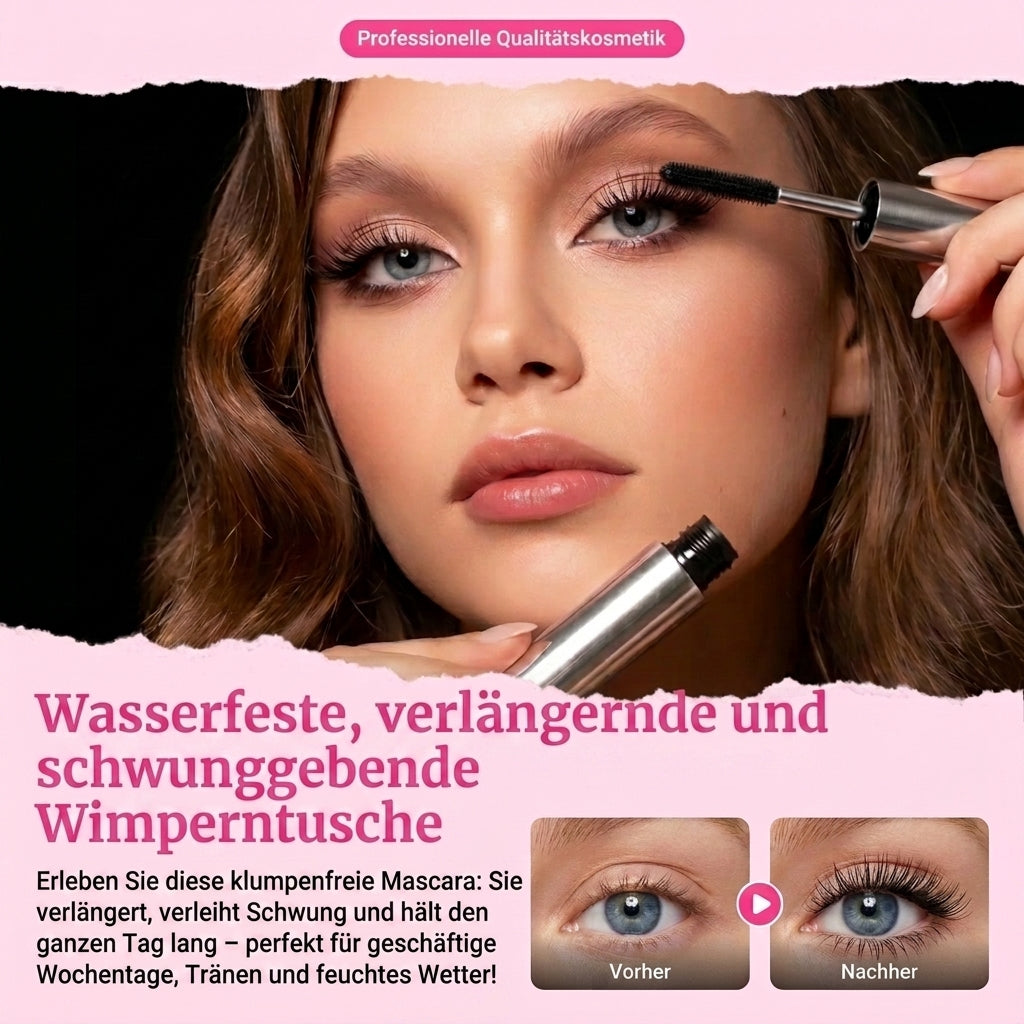 Model applying mascara to her lashes with a silver tube in hand, plus small before-and-after eye comparison photos below. 1