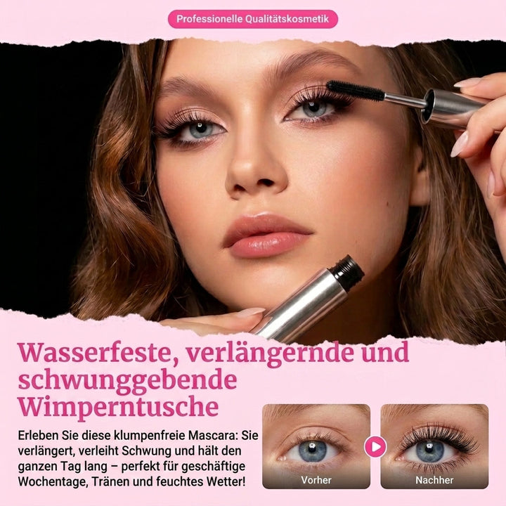 Model applying mascara to her lashes with a silver tube in hand, plus small before-and-after eye comparison photos below. 1