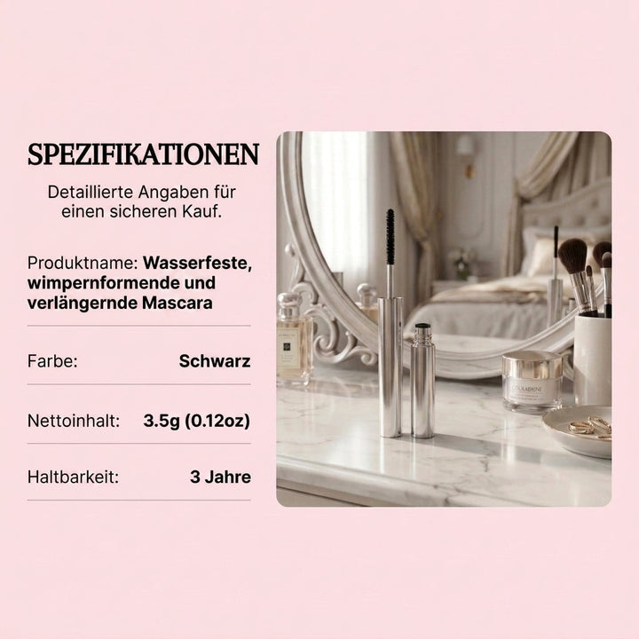 Specifications graphic on a pink background beside a silver mascara tube and open wand on a marble vanity with brushes and perfume. 9