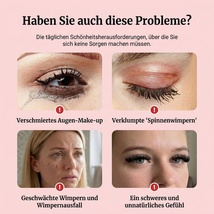 Pink infographic with four close-up eye photos showing common mascara problems: smudged makeup, clumped lashes, weak sparse lashes, and heavy unnatural-looking 2