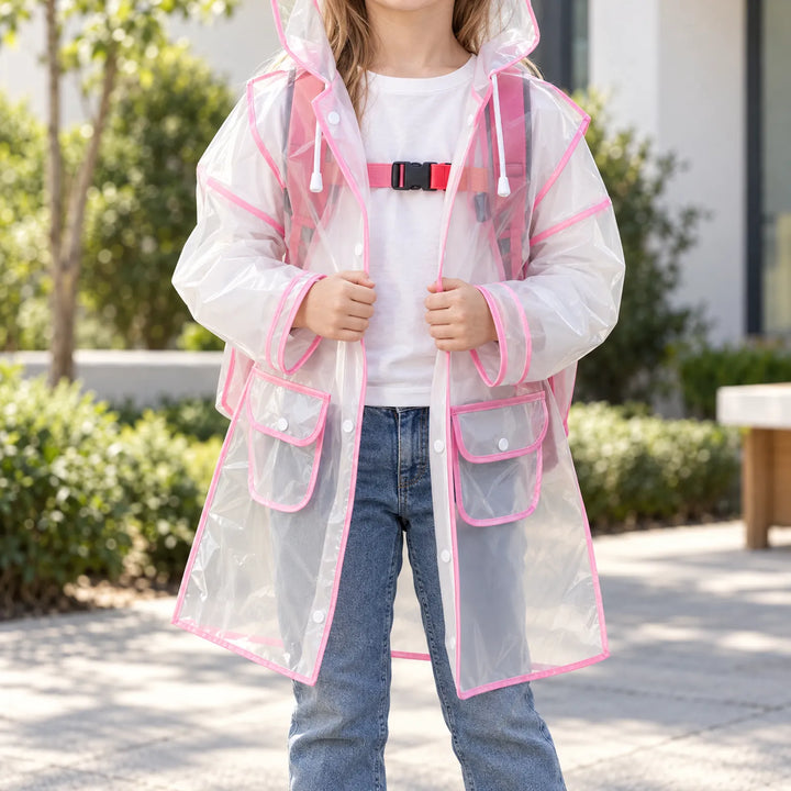 Girl outdoors wearing the clear raincoat with pink trim, hood up, over a pink backpack with chest strap, hands holding the open front. 1