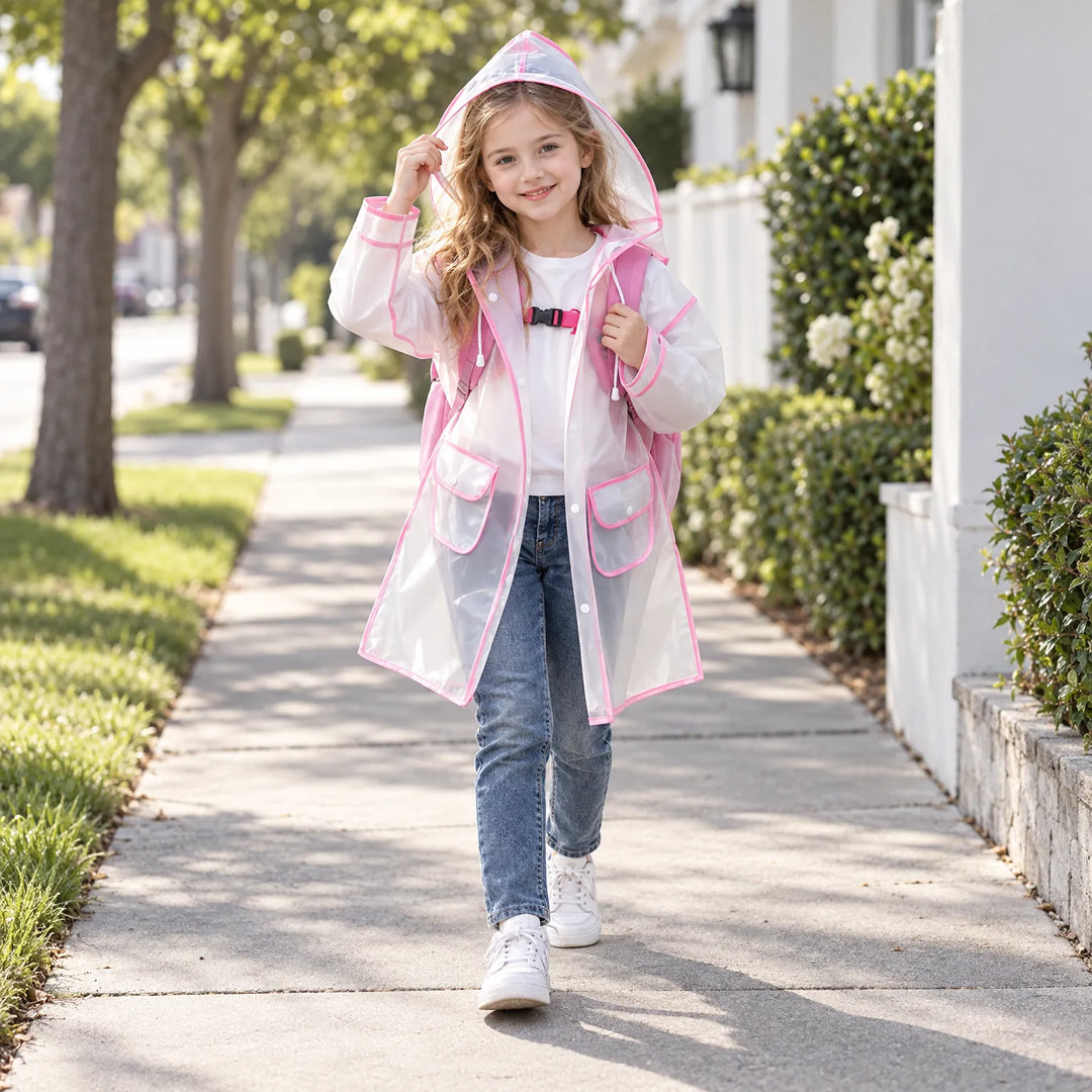Smiling girl walking down a sidewalk in the pink-trimmed clear raincoat with backpack, one hand holding the hood. 3