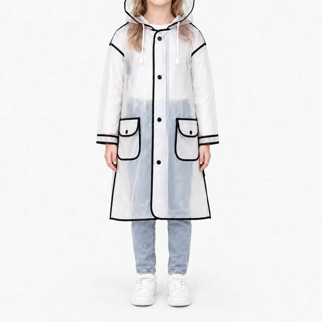 Front view of a girl standing in the frosted raincoat with black trim, hood, snap front and two flap pockets. 7