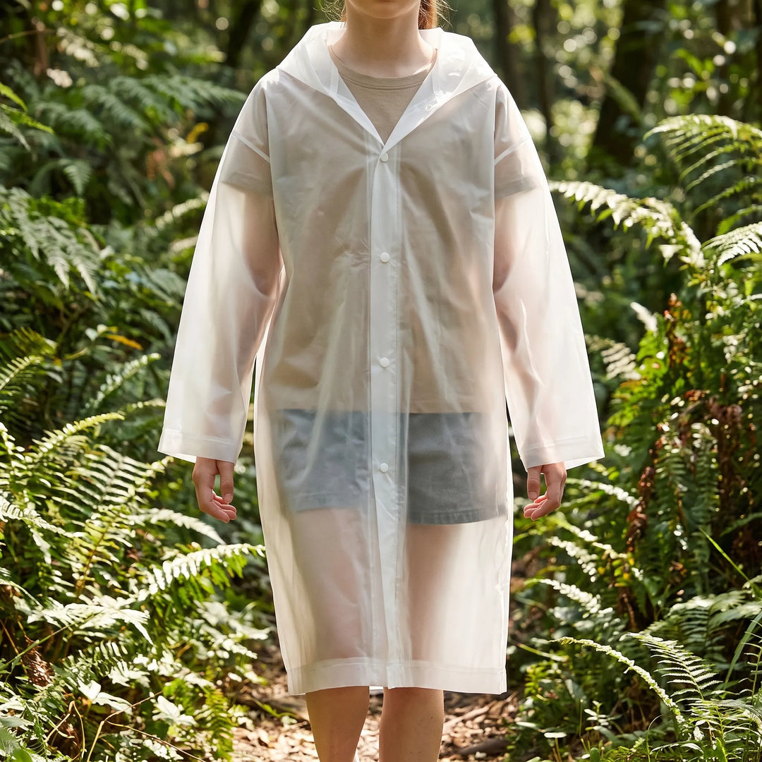 Child wearing the frosted white translucent raincoat, buttoned up, standing on a sunlit forest path among ferns. 1