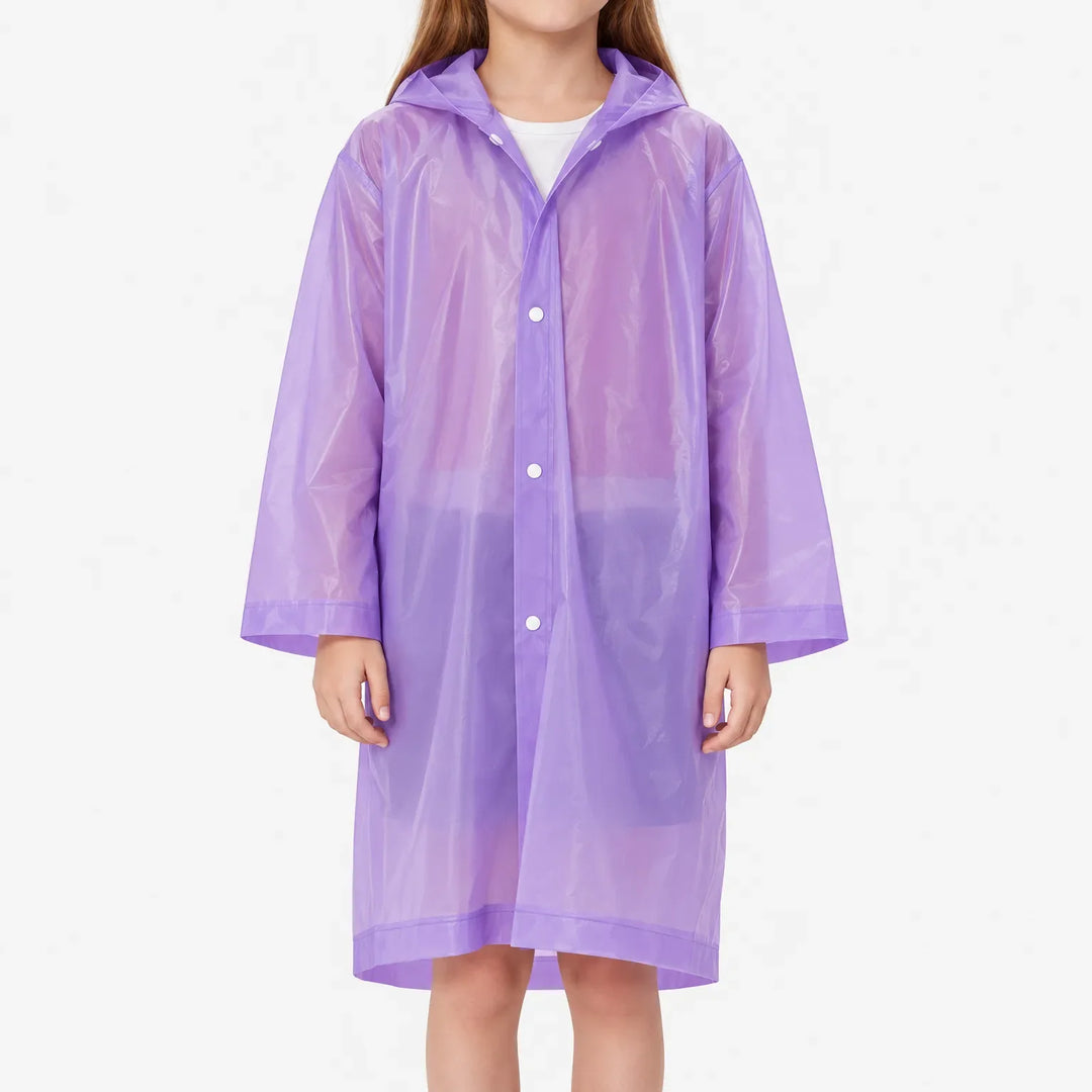 Front view of a girl in the purple translucent hooded raincoat, snap buttons closed, against a plain white background. 2