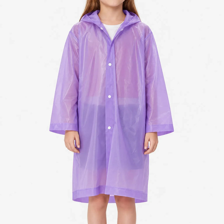 Front view of a girl in the purple translucent hooded raincoat, snap buttons closed, against a plain white background. 2