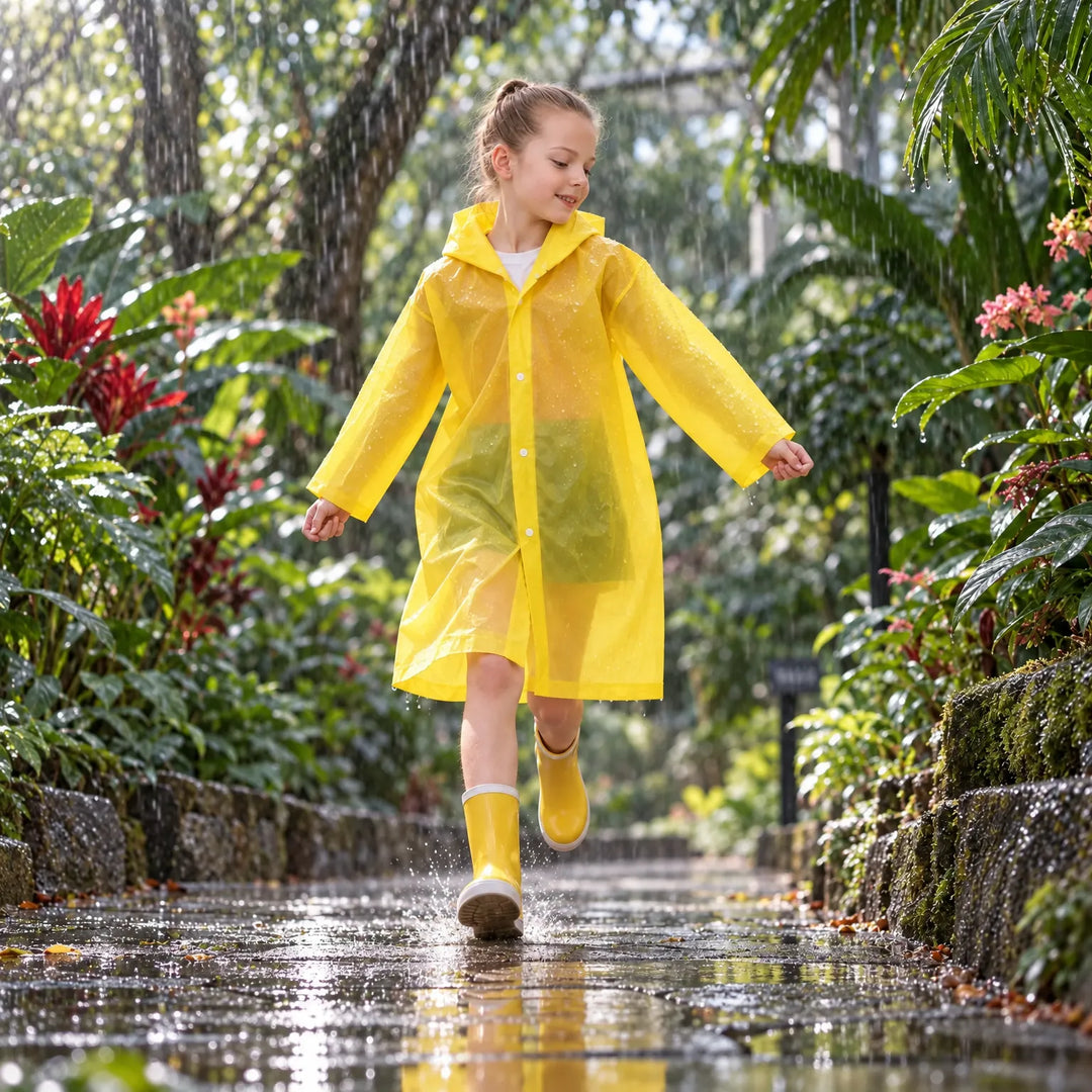 Girl in the yellow translucent raincoat and yellow rain boots splashing through a puddle on a wet garden path. 3