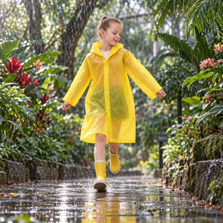 Girl in the yellow translucent raincoat and yellow rain boots splashing through a puddle on a wet garden path. 3