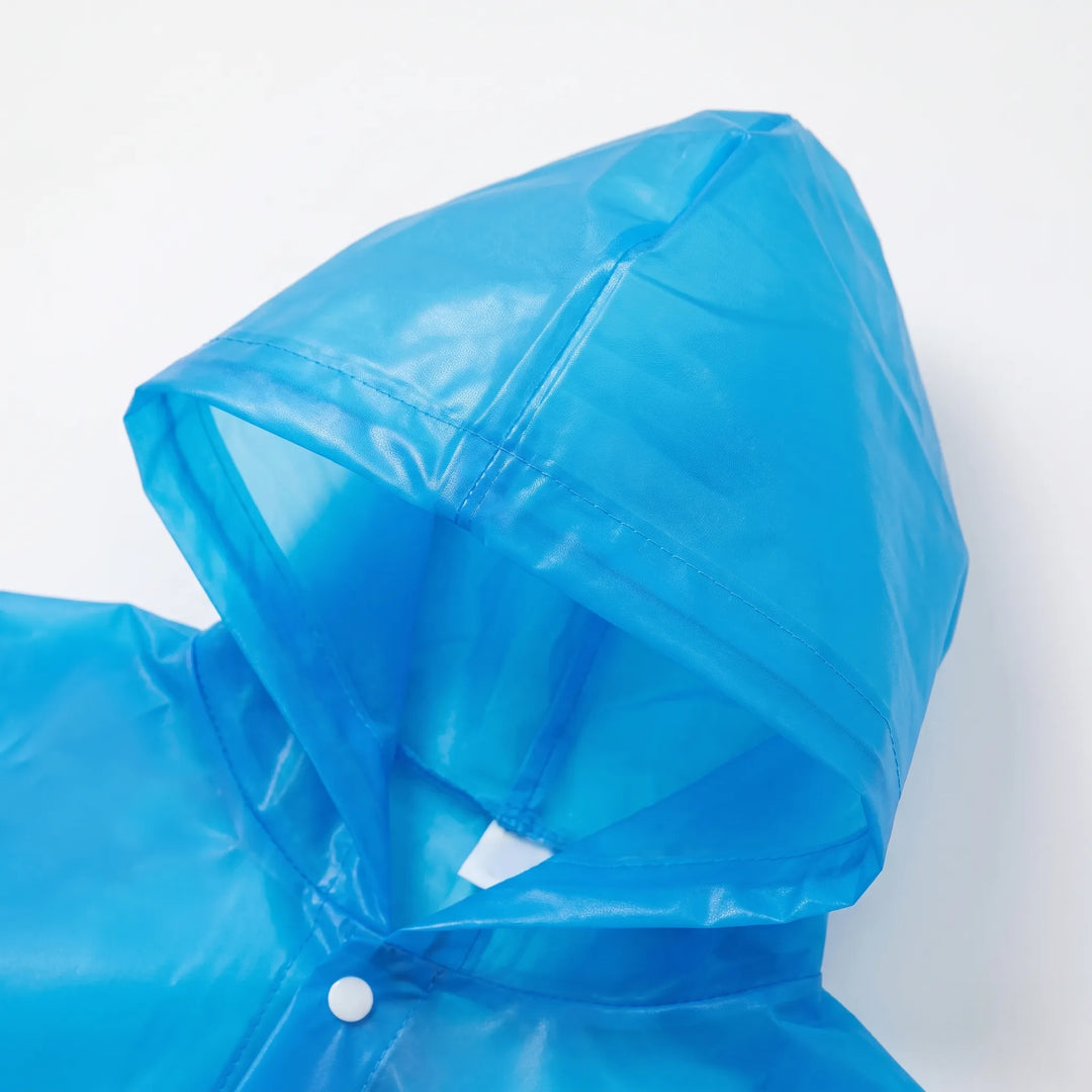 Close-up of the blue translucent hood showing its stitched seams and a white snap button at the collar. 6