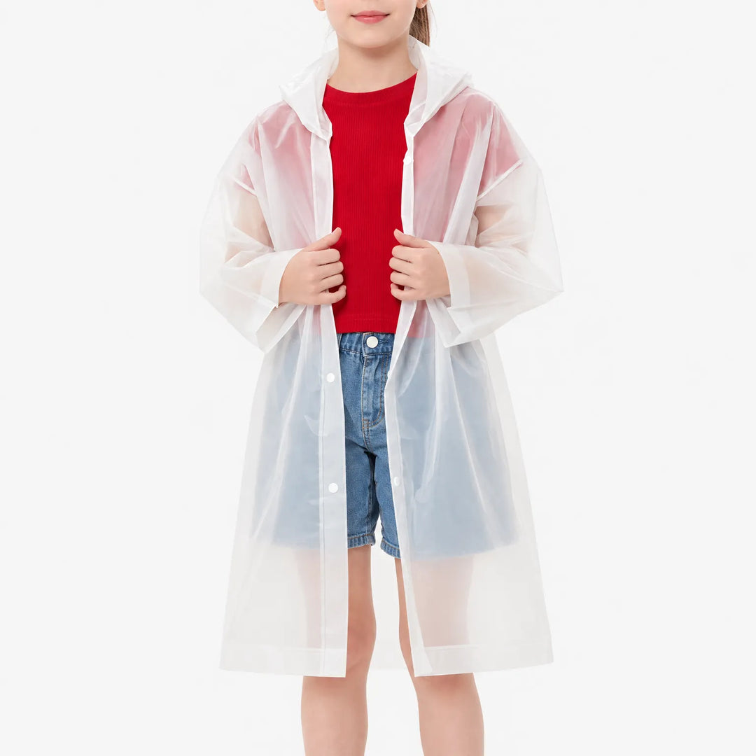 Girl wearing the frosted white translucent raincoat open over a red top and denim shorts, holding the front edges. 7