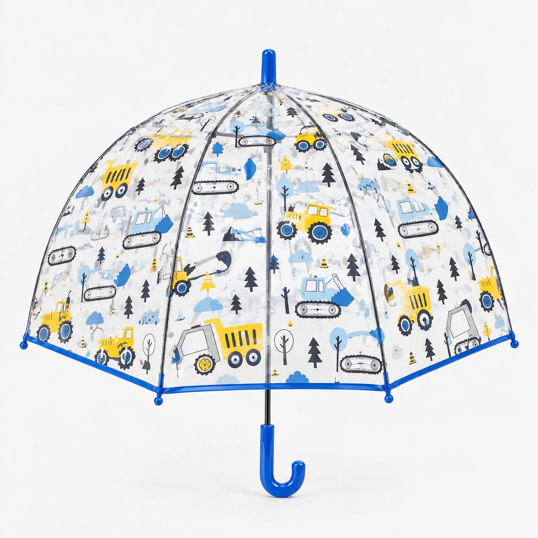 Clear dome umbrella with a blue trim and hook handle, printed with yellow dump trucks, blue bulldozers, trees and clouds. 10
