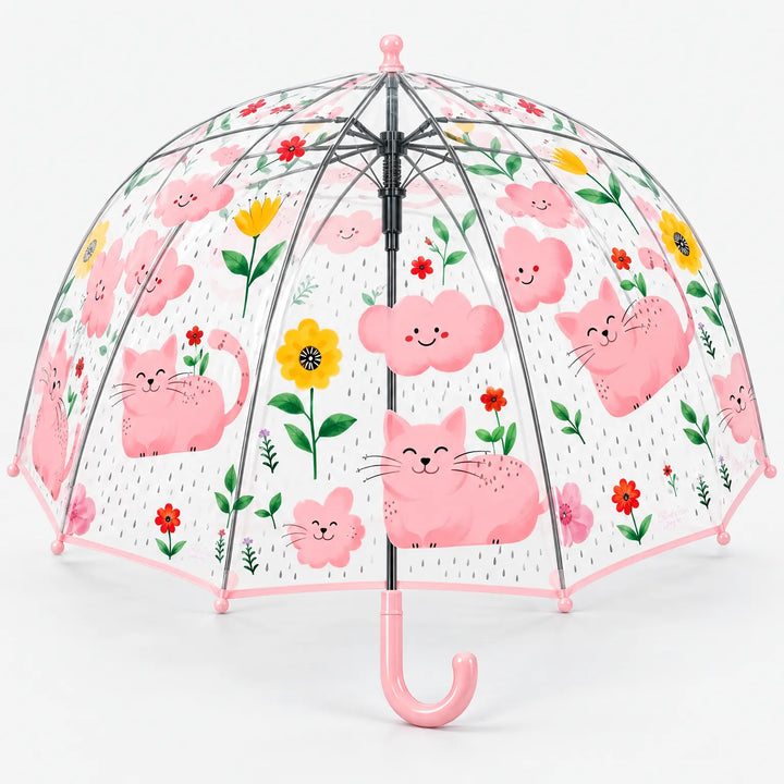 Clear dome umbrella with a light pink trim and handle, printed with smiling pink cats, clouds, raindrops and flowers. 13