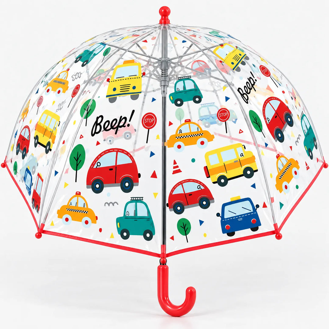 Clear dome umbrella with a red trim and handle, printed with colorful cartoon cars, buses and trees, seen slightly from below. 14