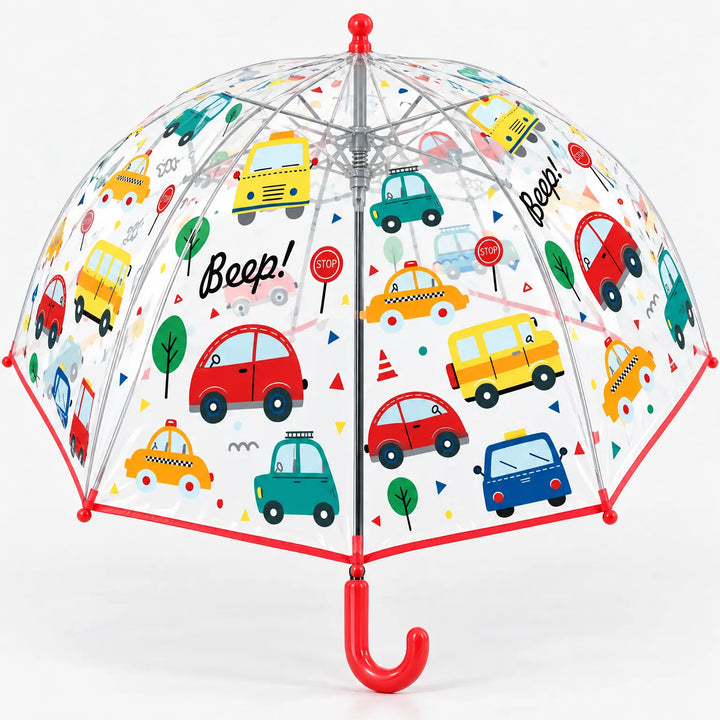 Clear dome umbrella with a red trim and handle, printed with colorful cartoon cars, buses and trees, seen slightly from below. 14