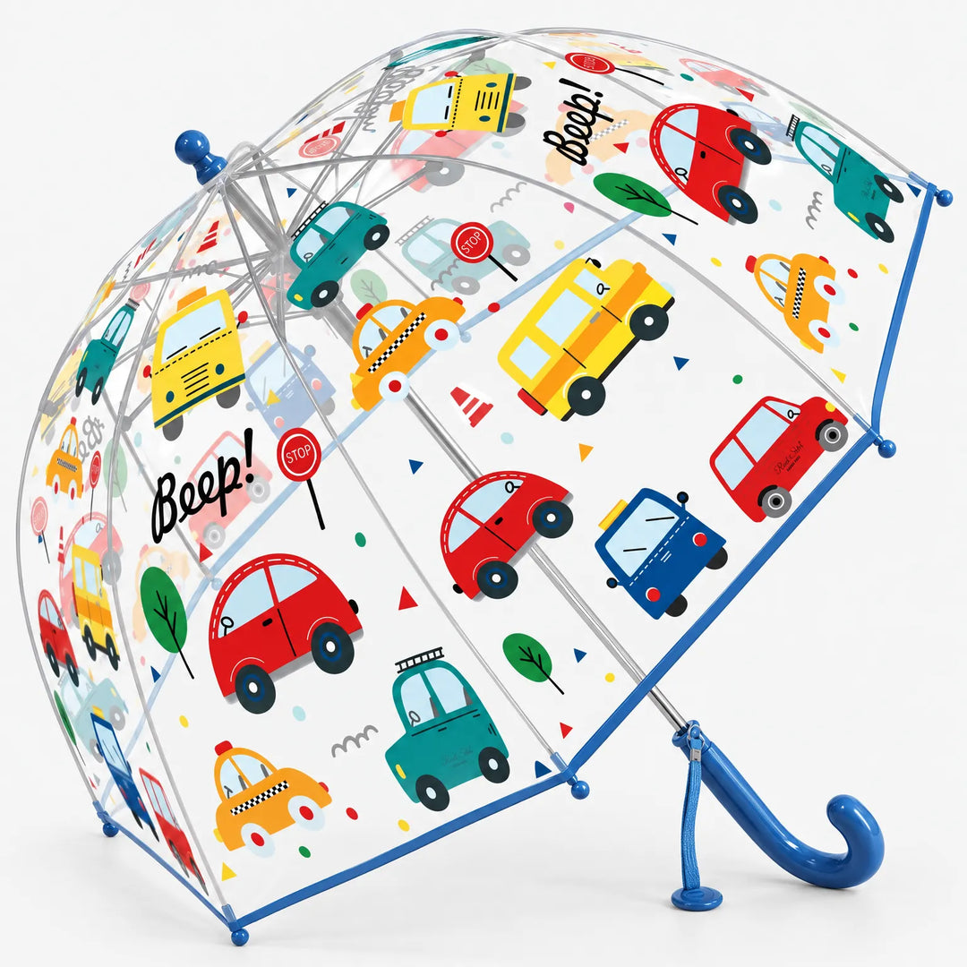 Clear dome umbrella with a blue trim and hook handle, tilted to show the ribs and canopy printed with cartoon cars and trees. 15