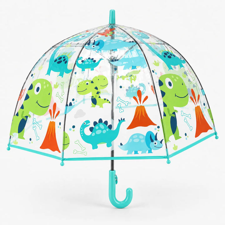 Clear dome umbrella with a teal trim and hook handle, printed with cartoon dinosaurs, erupting volcanoes and bones, shown on white. 2