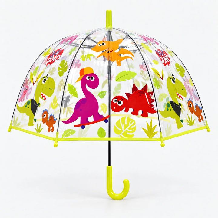 Clear dome umbrella with a lime green trim and handle, printed with playful cartoon dinosaurs and leaves, including a purple one on a skateboard. 4