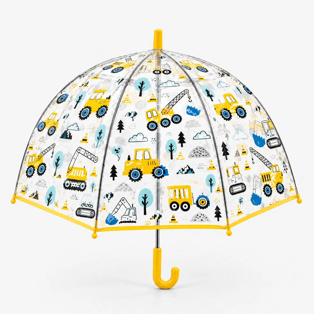 Clear dome umbrella with a yellow trim and hook handle, printed with yellow construction vehicles, cranes, cones and trees on white. 5