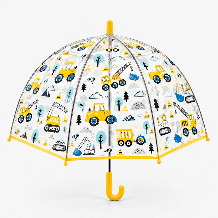 Clear dome umbrella with a yellow trim and hook handle, printed with yellow construction vehicles, cranes, cones and trees on white. 5