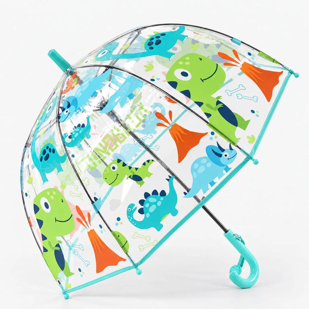 Clear dome umbrella with a teal trim, shown opened at an angle, printed with cartoon dinosaurs, volcanoes and bones. 7