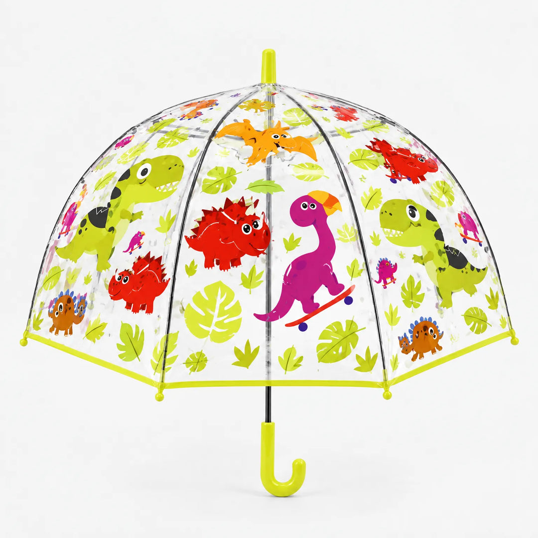 Clear dome umbrella with a lime green trim and handle, printed with colorful dinosaurs, a purple one on a skateboard, and green leaves. 8