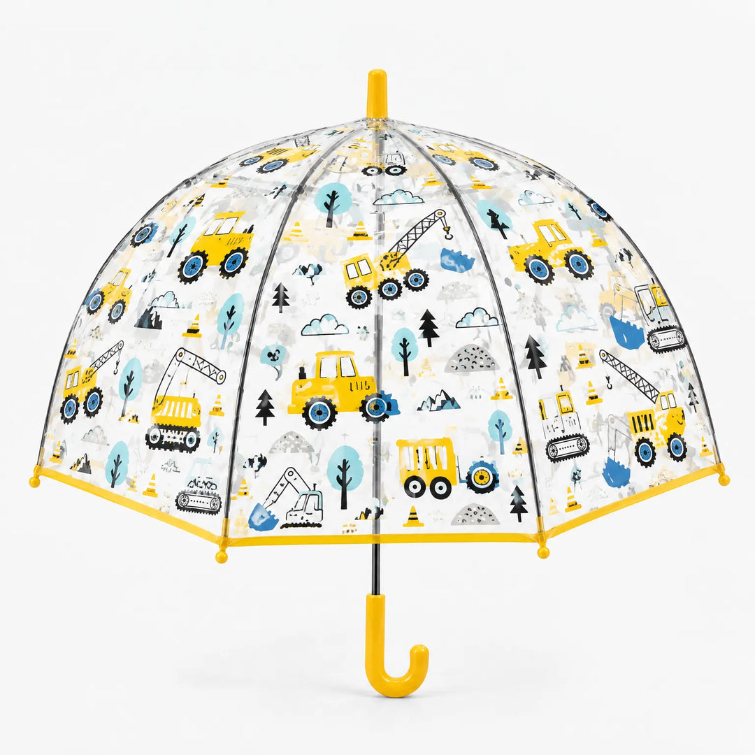 Clear dome umbrella with a yellow trim and hook handle, printed with yellow tractors, cranes, excavators, trees and clouds. 9