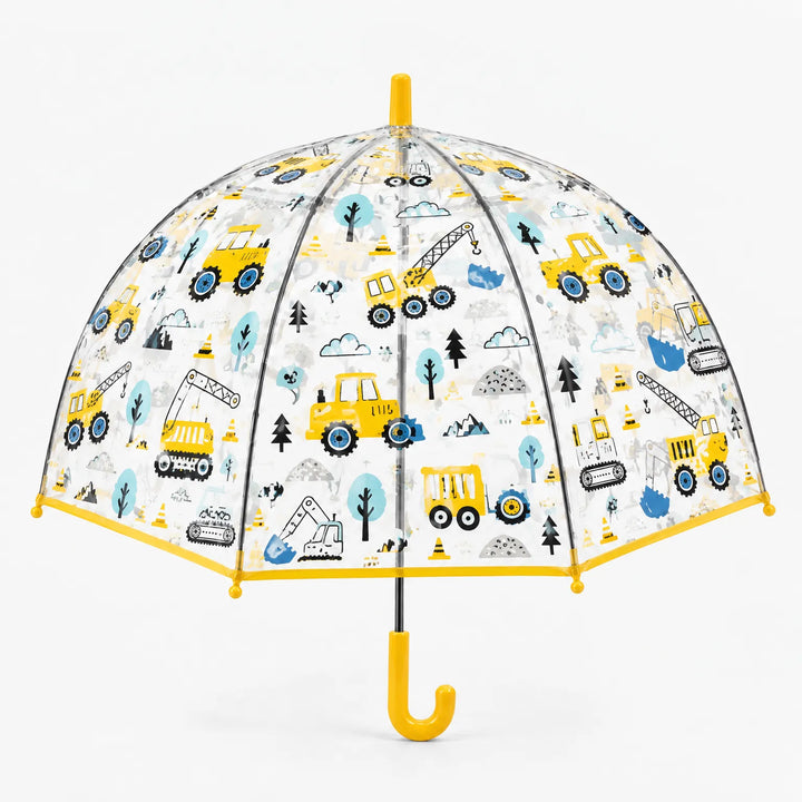 Clear dome umbrella with a yellow trim and hook handle, printed with yellow tractors, cranes, excavators, trees and clouds. 9