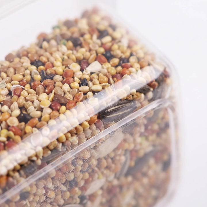 Close-up detail of the clear plastic feeder wall and rim, with a colorful mix of millet and sunflower seeds inside. 3