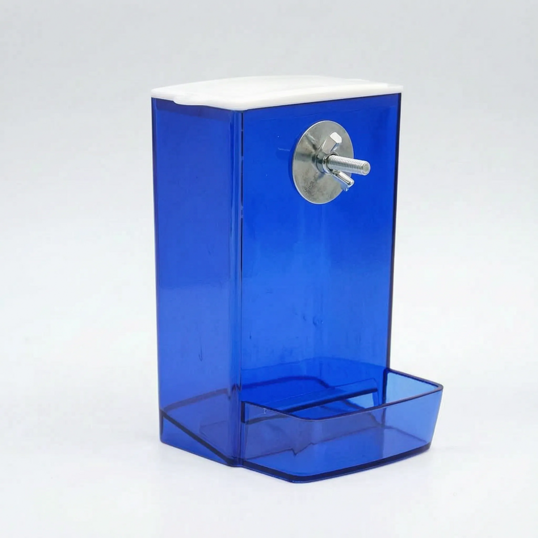 Empty blue-tinted feeder with white lid, showing the metal washer, bolt with wing nut, and the open seed tray at the base. 5
