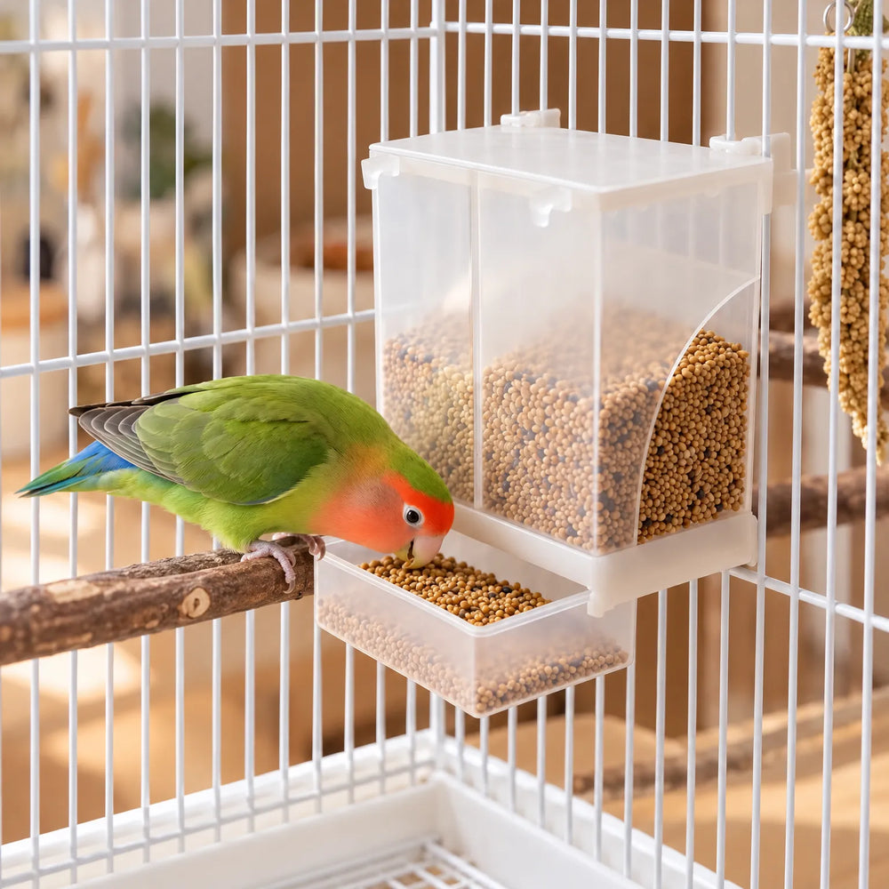 Feeder mounted on a white cage filled with seed, while a green lovebird with an orange face eats from the tray. 2
