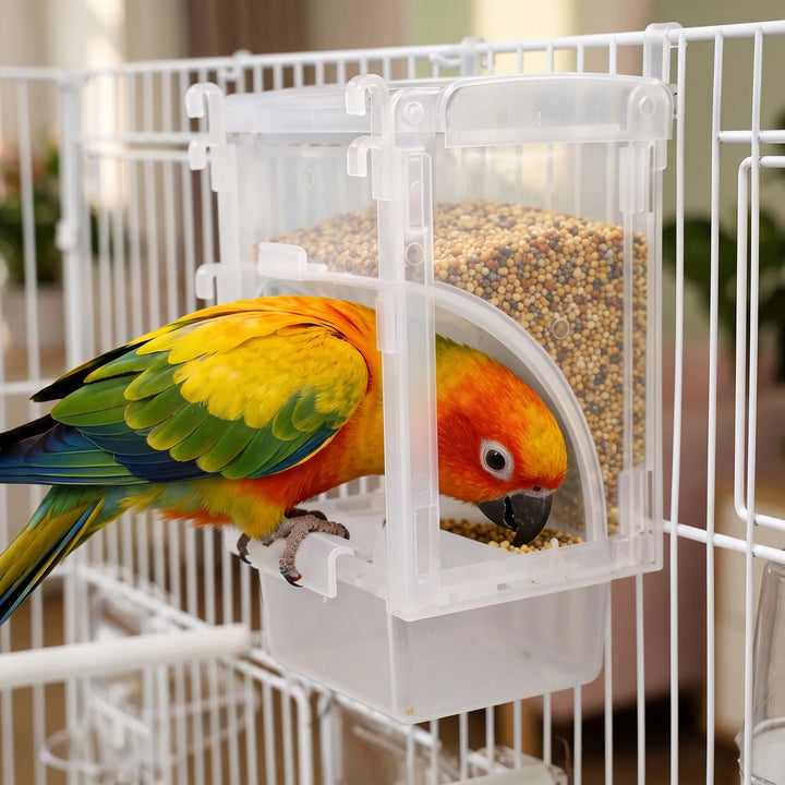 Orange, yellow and green parrot eating from the same clear feeder hooked onto a white cage, with seed visible in the hopper. 3