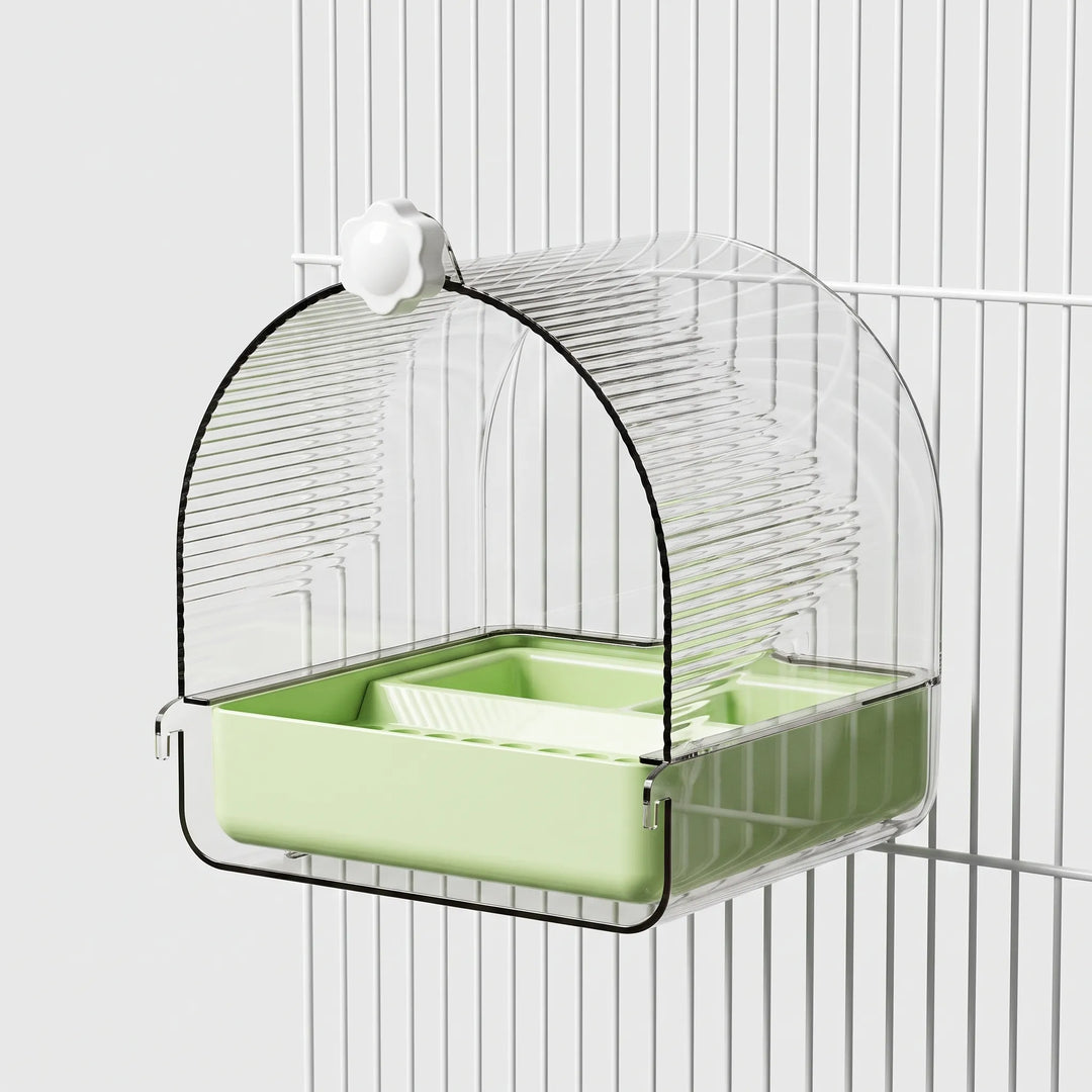 Version with a light green tray, hung on white cage bars, with the ribbed clear dome and white flower-shaped knob. 6