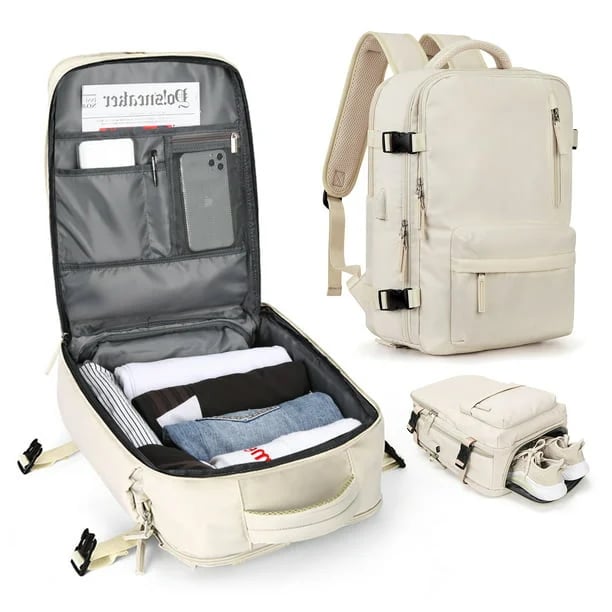 Cream women's backpack open and closed, with shoe compartment holding sneakers.