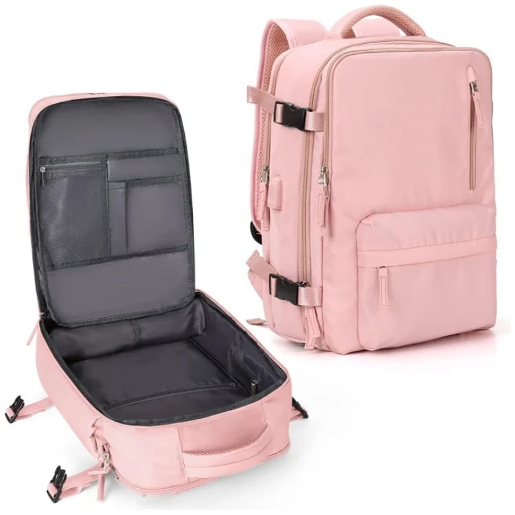 Pink women's backpack shown closed and open to reveal the internal organizer pockets and main compartment.