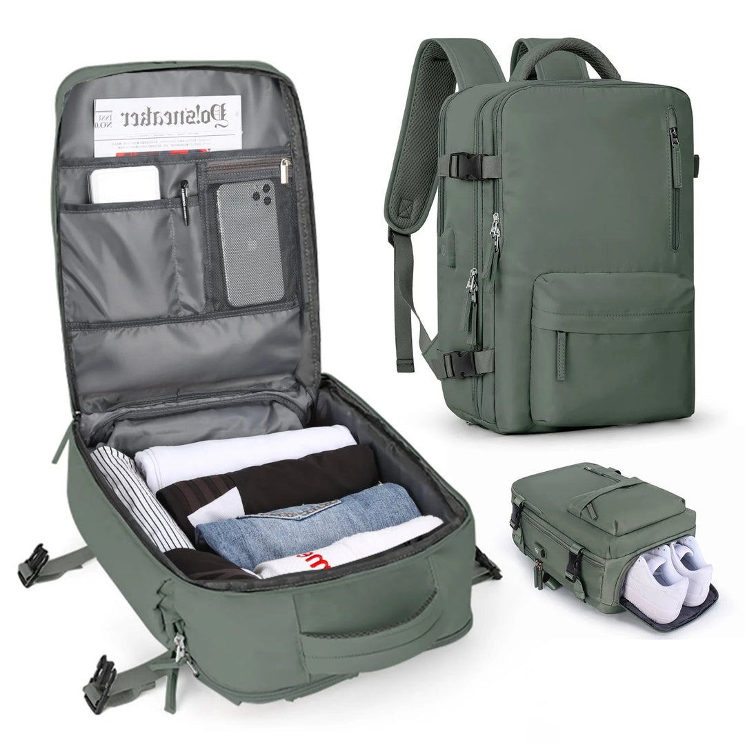 Green women's backpack open and closed, with shoe compartment holding white sneakers.