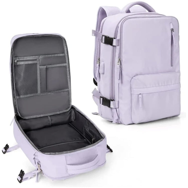 Lavender women's backpack shown closed and open to reveal the internal organizer pockets and main compartment.