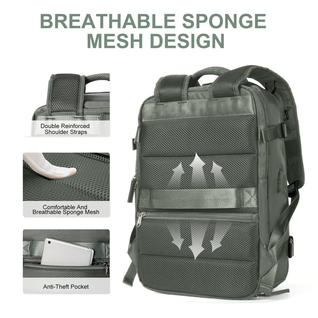 Green women's backpack detail showing the back padding, shoulder straps and hidden anti-theft pocket.