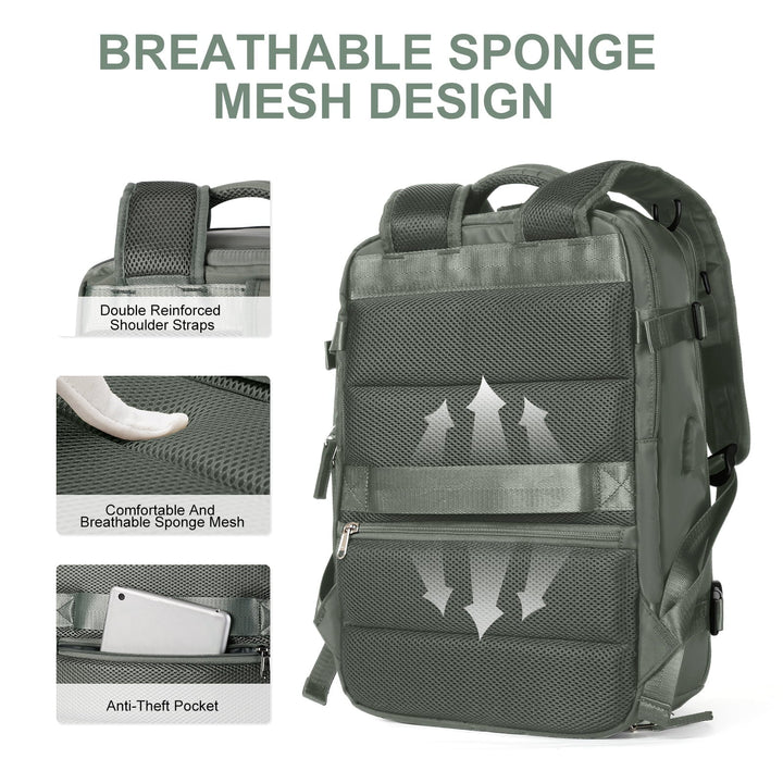 Green women's backpack detail showing the back padding, shoulder straps and hidden anti-theft pocket.