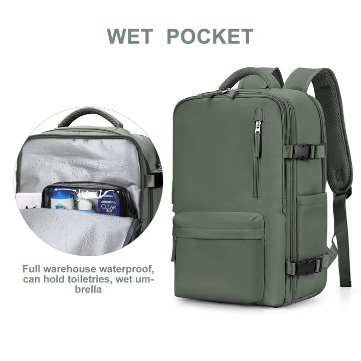 Green women's backpack detail beside a waterproof wet pocket holding a clear toiletry pouch.