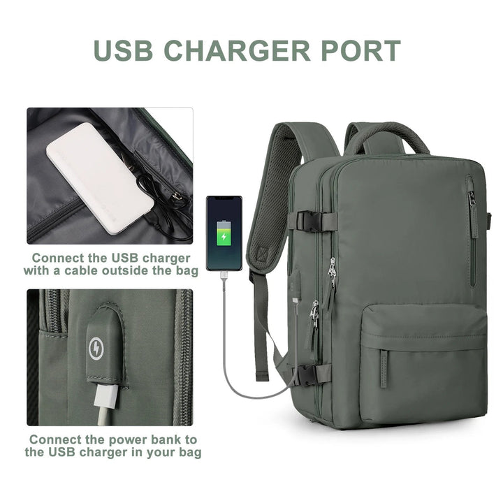 Green women's backpack detail with a phone charging through the external USB port.