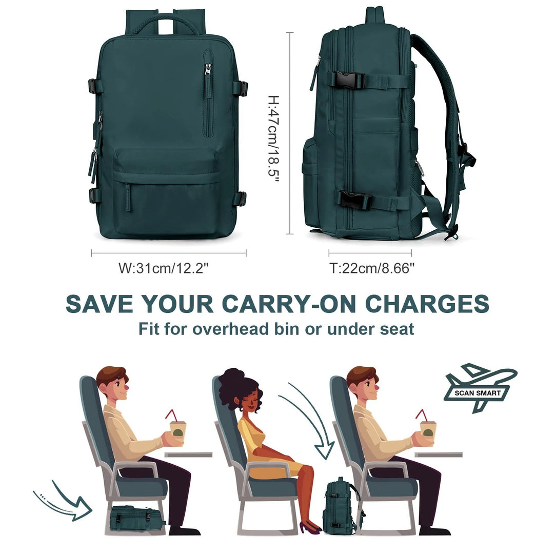 Dark teal women's backpack another view with dimensions and under-seat sizing illustration.