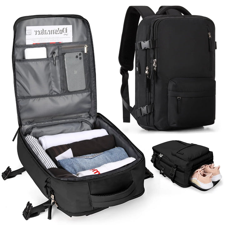 Black women's backpack open and closed, with shoe compartment holding sneakers.