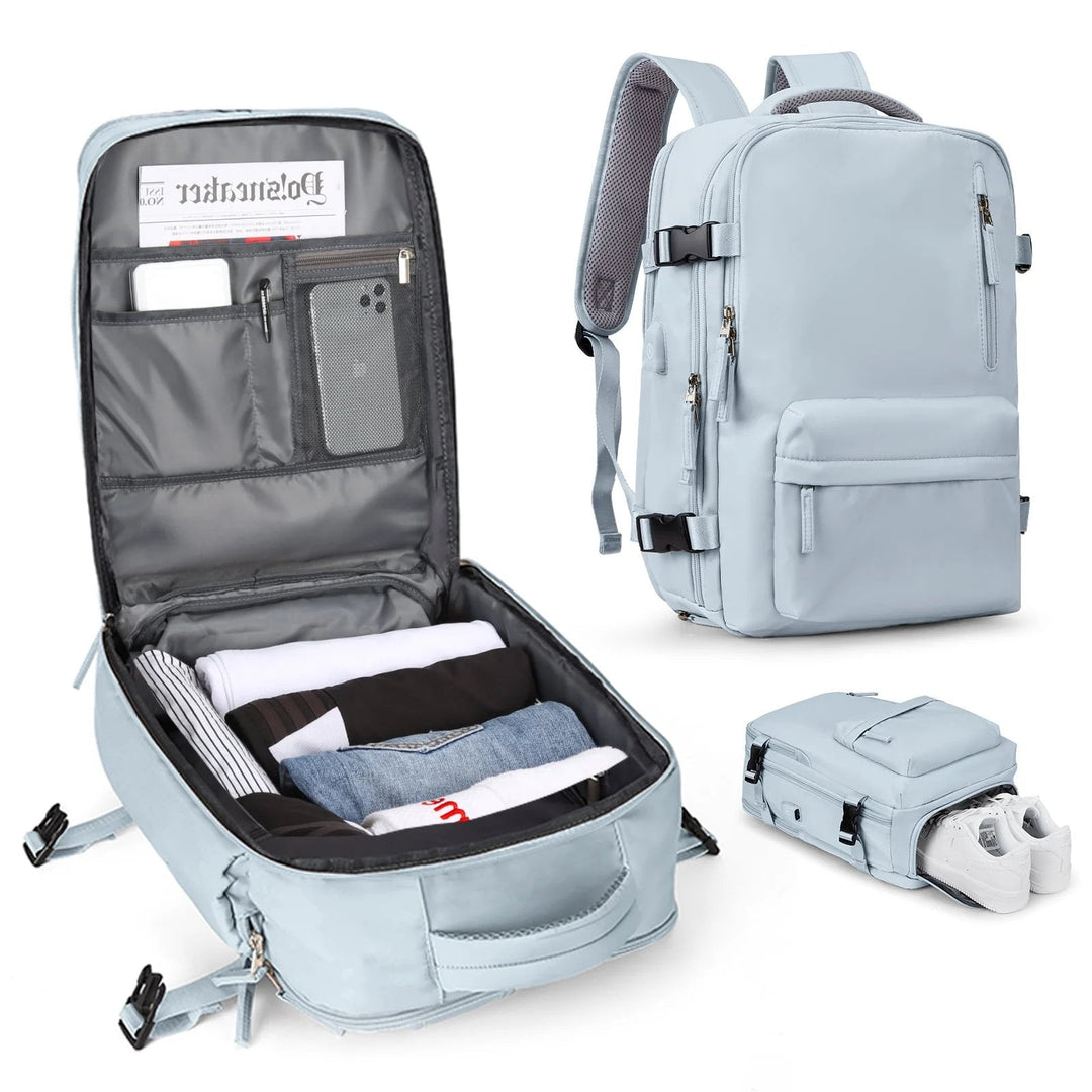 Light blue women's backpack open and closed, with shoe compartment holding white sneakers.