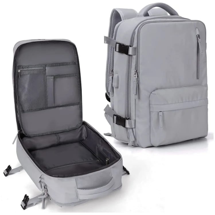 Gray women's backpack shown closed and open to reveal the internal organizer pockets and main compartment.