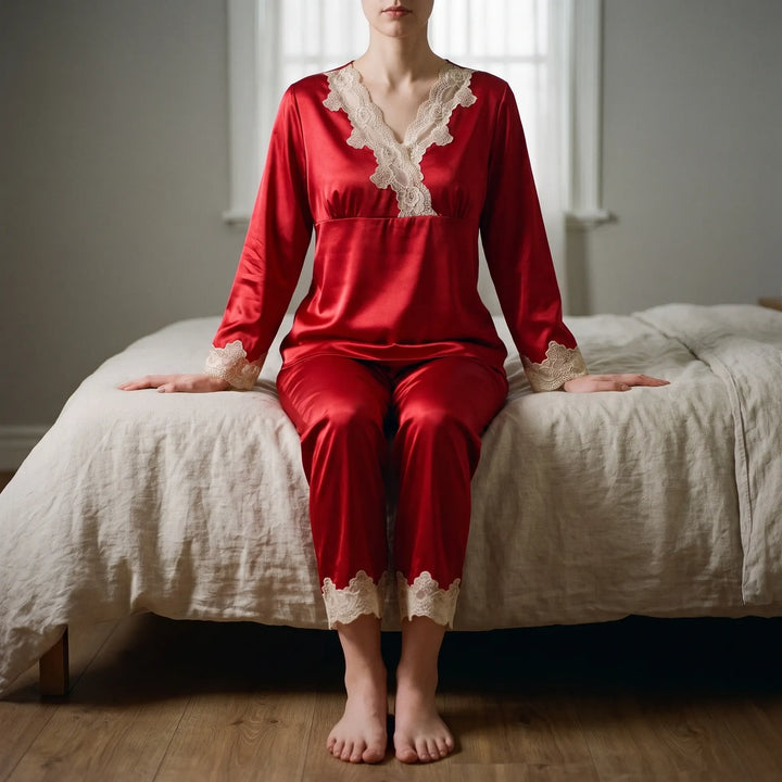 Model in red satin pajamas with cream lace trim sits barefoot on the edge of a bed with linen bedding. 1