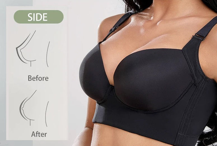 Schwarzer Push-up-BH für Damen, nahtlos, stützend, seitliche Ansicht, Vorher-Nachher-Diagramm.