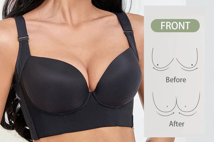 Schwarzer Push-up-BH für Damen, nahtlos, stützend, Vorher-Nachher-Vergleich.