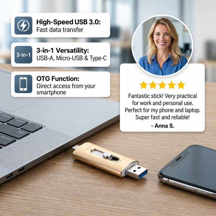 Gold 3-in-1 USB flash drive on a wooden desk with a laptop and smartphone.